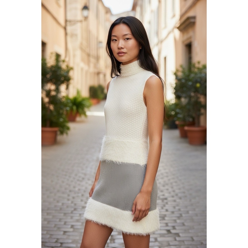 Diane Von Furstenberg Sleeveless Plush Faux Fur Knit Midi Dress Ivory Size Small